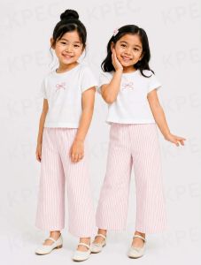 EE    ..Chic Striped Cotton-Blend T-Shirt & Wide-Leg Pants Set for Girls