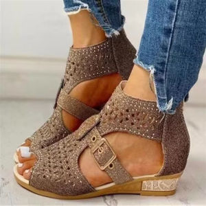 [Free Shipping] Summer Plus-Size Open-Toe Rhinestone Wedge Heel WomenS Sandals New Style Flat Hollow-Out Roman Sandals For Women