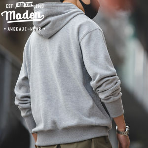 Maden brand men 2025 new Japanese retro old distressed 1930S LOCK HOOD sweater simple solid color casual wild hip-hop student sunshine campus style rose red long-sleeved sweater