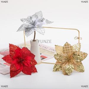 [COD] YUNZE Artificial Christmas Flowers Glitter Poinsettia Artificial Flower Silk Faux Floral For Xmas Tree Wreath Wedding Holiday