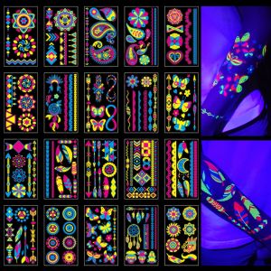 20 Sheets Glow in The Dark Temporary Tattoos 160+Styles Aldult Fluorescence UV Neon Body Face Fake Waterproof Tattoo Stickers for Women Men Rave Festival Accessory Party Supplies