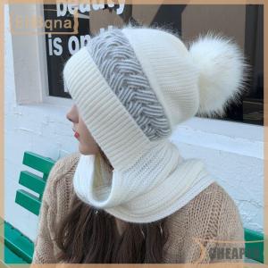 [COD] EHBqna SPORTS ผ้าพันคอมีฮู้ดสไตล์เกาหลีสำหรับผู้หญิง หมวกผ้าพันคออบอุ่นป้องกันความหนาวสำหรับผู้หญิงหมวกไหมพรมหนาป้องกันหูลูกบอลน่ารัก