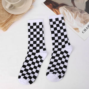 【♡Lovely girls house♡】Women Casual Socks Cotton Plaid Breathable Hipster Harajuku Men Skateboard Couple Crew Mid-Calf Socks