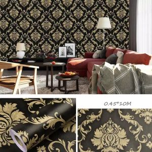 Wallpaper Dinding Ukuran 45 cm x 10 meter Motif Batik Bunga Batik Salur Hitam Gold Putih Pink