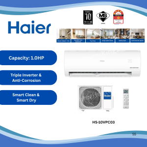 [FREE SHIPPING/ READY STOCK] Haier 4 Star 1.0HP Triple Inverter Air Conditioner / Smart Clean / Turbo Cool / Anti Corrosion HS-10VPC03 Similar to HS-10VPA03