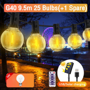 ไฟตกแต่ง โคมไฟกลางแจ้ง G40 โคมไฟพลังงานแสงอาทิตย์ หลอดไฟขนาดใหญ่ สายไฟประดับสวน ระเบียง แบบตกแต่ง ไฟลานบ้าน กันน้ำ แบตเตอรี ต้นคริสต์ม