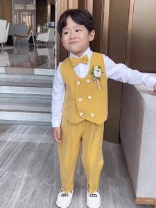 Lontakids 3Pcs Vest + Pants + Bow Suit for Boys Piano Formal Performance Costume Wedding Birthday Gentleman Clothes Khaki Pink