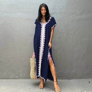 V-Neck Loose Fit Kaftan Versatile Straight-Cut Rayon Caftan Maxi Dress Women Fluid Drape Robe Geometric Embroidery CoverUps Chic