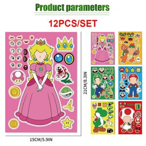 12Pcs Kartun Mario Teman Anak Anime Diy Stiker Ganti Muka Stiker Ekspresi Wajah Kartun Anak Anime Puzzle Stiker