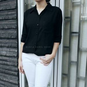 KEMEJA KERJA WANITA PANJANG UKURAN M L XL KANCING DEPAN AKITF LENGAN PANJANG BAHAN KATUN TUWIL HALUS LEMBUT NYAMAN ADEM MEWAH MURAH