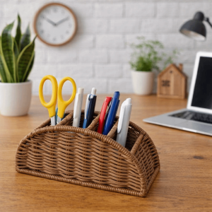 OKDEALS01 4 Grids Remote Control Storage Box Handwoven Imitation Rattan Synthetic Rattan Organizer Multi-functional Vintage Style Makeup Brush Holder Office