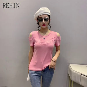 REHIN Womens top Solid colour round neck short-sleeved T-shirt slim fit cotton slim fit off shoulder blouse