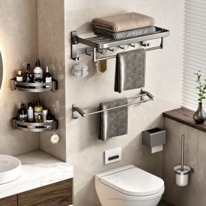 41CM Bathroom Shelf Organizer Space Aluminum Towel Rack Punch-free Shower room Shelf with Hooks and Adjustable Bar Bathroom Shelves Rust Proof Stand Paste Installation Wall Mounted Washroom Accessories Set