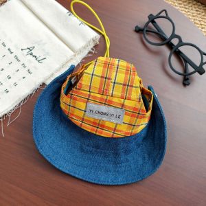 Cat sun hat pet plaid sun protection cowboy hat adjustable drawstring suitable for small and medium-sized dogs two-way wear hat