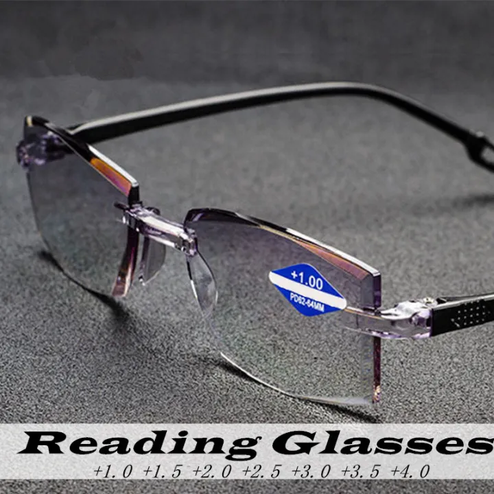 ผู้หญิง OYKI ป้องกันแสงสีฟ้า Frameless เพชรตัดขอบแว่นตาสายตายาวสำหรับทั้ง Far และใกล้ใช้, multi Focus แว่นตาสายตายาว   1.0-  4.0