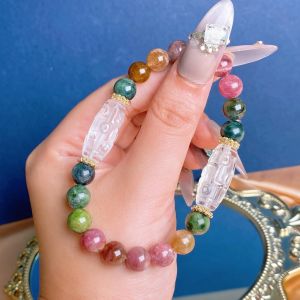 【现货】白水晶九眼天珠+糖果碧玺手串|平安守护 × 招财转运 × 增强气场|Clear Quartz Nine-Eye Dzi + Candy Tourmaline Bracelet|Protection • Fortune • Aura