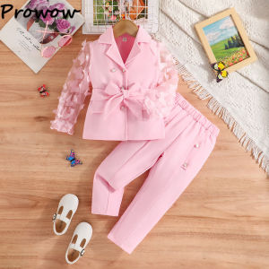 Prowow Childrens Suit For Girls Blazer Clothing Belted Lapel Butterfly Sleeve Jacket+Pink Pants Kids Clothes Luxury Girls Sets2026