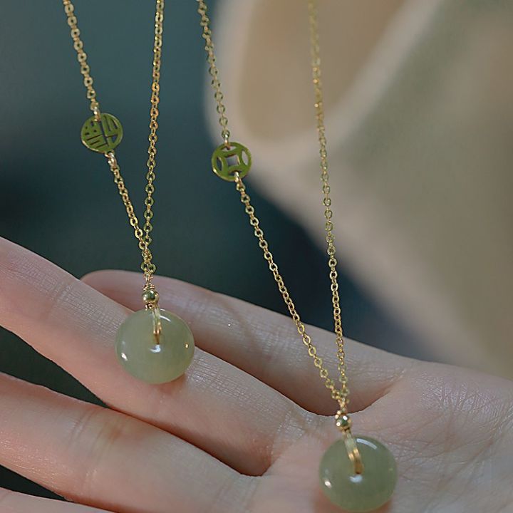 1pc Natural Hetian Jade Pendant 18K Gold Chain Necklace for Women Lucky  Jewelry