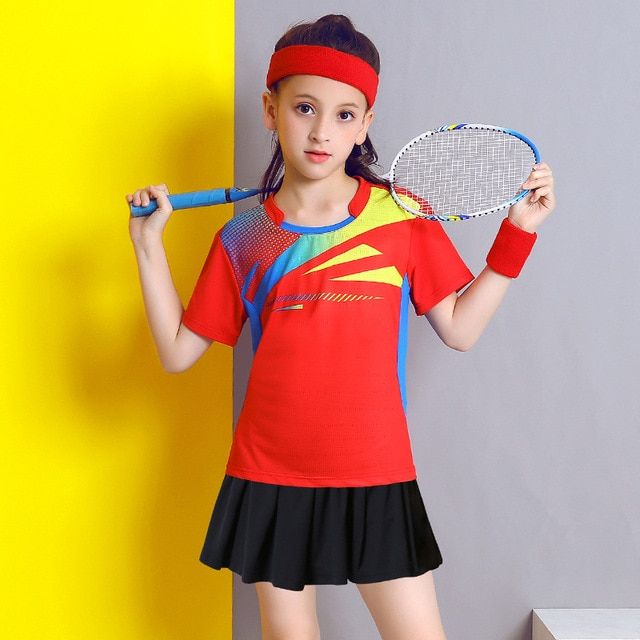 new Kid Badminton Suit Short sleeve Girls Tennis Shirt Skirtt Sets