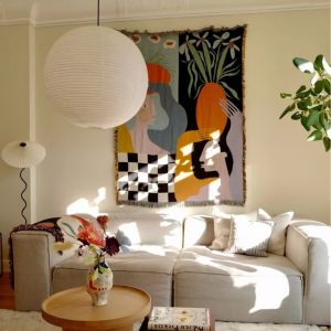 130X180CM Modern Abstract Art Tapestry Boho Woven Jacquard Wall Hanging with Colorful Geometric Design & Fringe Decorative Throw Blanket
