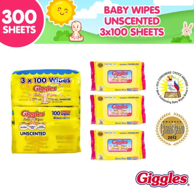 Giggles Baby Wipes Unscented 3x100 Sheets – Gentle Moisturizing Baby-Safe Multipurpose Travel-Friendly & Wet Wipes