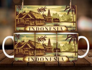 * 1 PC MUG WITH BOX * INDONESIA VINTAGE MUG DESIGN 11oz with BOX SOUVINER MUG