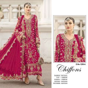 Pakistani Chiffon Heavy Embroidered Salwar Suit 3PC with Dupatta – Luxury Wedding Party Wear in Red Yellow Blue Purple.
