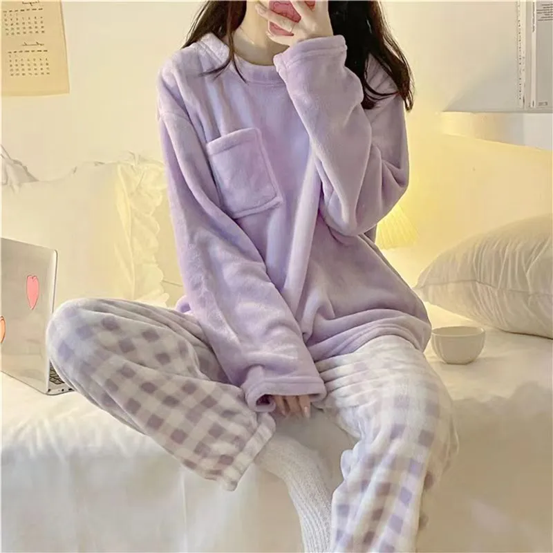 Cute Women Pajama Set Winter, Fleece Flannel Pijamas Suit
