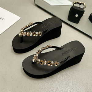 [Free Shipping] Womens high-heeled thick-soled flip-flops for summer Korean 2026 new style rhinestone versatile soft-soled beach sandals