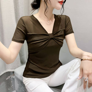 YIMEI Áo Thun Lưới 2023 Áo Nữ Cổ Chữ V Thắt Nơ Kiểu Pháp Áo Thun Nữ Cộc Tay Mới Mùa Hè Thời Trang SÀNH ĐIỆU Thiết Kế Hoài Cổ