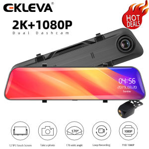 EKLEVA 12 Inch IPS Touch Screen 2K/4K FHD Car DVR Dash Camera Dual Lens Video Stream Media Recorder Rearview Mirror 1080P Back Camera Mirror Dash Cam with Night Vision & Parking Monitor Support Carplay