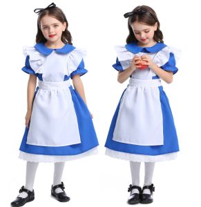 Kids Girls Alice Costume Halloween Cosplay Blue Maid Princess Dress Alice in Wonderland Maid Costume Fairy Tale Fancy Dress Performance Clothes For 3-12 Years