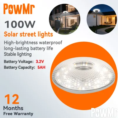 PowMr 100W Solar Street Light IP65 Waterproof UFO Solar Lamp Super Bright Durable 12-Month Warranty Cash on Delivery