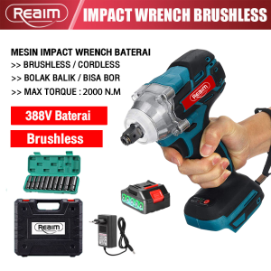 REAIM Impact Wrench 588VF Cordless Mesin Bor Kunci Pas Listrik Brushless Motor Pembuka Baut Mobil Komplit Impact Murah Berkualitas