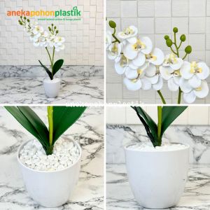 Bunga Artificial Bunga Anggrek Bulan Putih Ungu X2 Mini Variasi Pot Ulir & Melamine Hiasan Meja Kantor Aesthetic