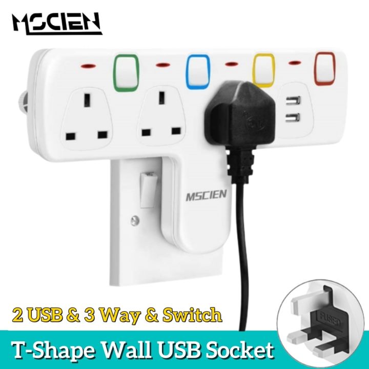 Power Strip UK Plug Extension with 2 USB Charge Ports T Shape Wall