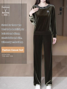 Twopiece rhinestone suit loose straight fit slim round neck top drapey trousers twopiece set