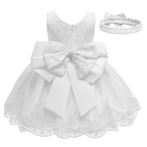 Newborn Baby Girl Dress Set Infant 1 Year Birthday Princess Bowknot Lace Gown Toddler Wedding Party Dresses with Headband