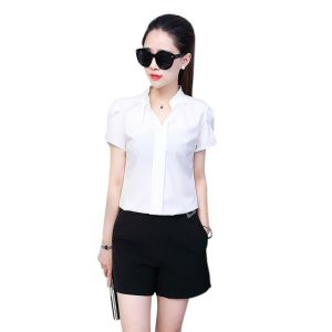 short sleeve white formal blouse for women plus sizeruffled chiffon korean casual office plain T-shirts tops