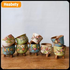 【2-3 days delivery】 Korean Simple Fleshy Flower Pot Ceramic Hand-painted Fresh Thumb Pot Coarse Pottery Permeable Pot Peach Egg Flesh Flower