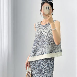 4318-1 One Size (45-75kg) [Skirt Tops Sold Separay] Sanzhai Fashion Suit Womens Summer Sleeveless Round Neck Shirt Temperament High Waist Skirt