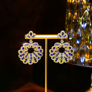 SEQUITO Women Prom Costume Jewellery Yellow Gold Plated Pave Setting Blue White Cubic Zircon Flower Shape Pendant Drop Earrings SE1085