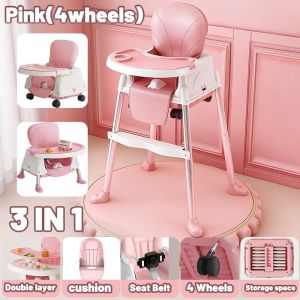 High Chair for baby Adjustable Foldable 0-5 Years Safety Belt Non-Slip Feet Removable Tray PU Cover with Wheels