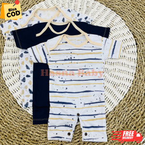 3 pcs Jumper Romper Bayi Baru Lahir Paket 3Pcs Romper Kacing Bawah Lengan Pendek Baby Gift Set Baby Newborn Seri Navy- Juragan Lebak