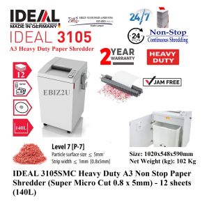 IDEAL 3105 SMC Oiler 0.8 x 5mm Heavy Duty A3 Non Stop Paper Shredder (Super Micro Cut ) - 12 sheets (140L) Mesin Penghancur Kertas Heavy Duty Shredder Mesin Perincih