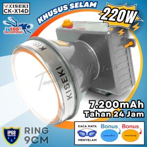 Senter Kepala Anti Air ORIGINAL Daya Besar 250W BONUS Lensa Kuning & Biru + Kacamata Selam + Tasbih Digital | Baterai 7200 Tahan 24 Jam | KISEKI CK-X14D / X-13D / X-12D