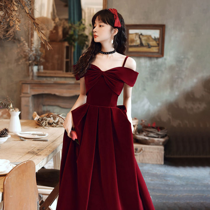 Dresses Wine red cocktail attire 2023 Autumn Bride Style Strap Velvet Engagement Dress Women s Wedding Dress Yhijigo Lazada