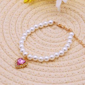 OUTOPEN Rhinestone Pet Pearl Necklace Adjustable Cute Dog Neck Chain Personalized Love-Hearts Cat Love Hearts Collar Puppy Necklet