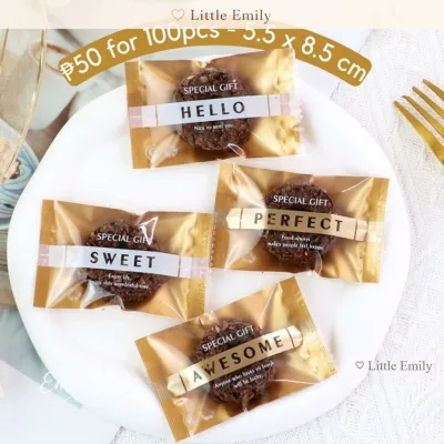 FP1938 (100pcs) 5.5x8.5 CM Hello Gold Cookie Bag Sealing Pastry Heat Wrapper Polvoron Wrapper