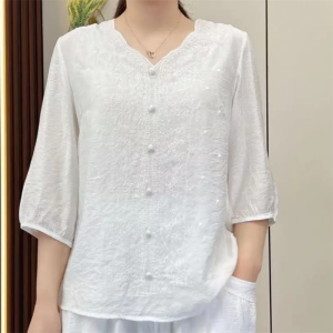 LUCKIN STORE Top for Women Summer Womens Retro Embroidery Cotton Linen V-Neck Womens Large Loose Top